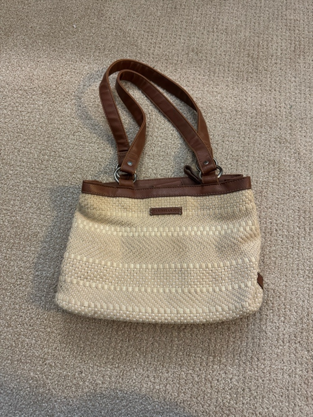 Caribbean Joe Cream Woven Shoulder Bag with Brown Trim